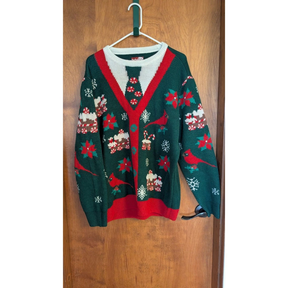 Ugly Christmas Sweater XL Green Holiday Tie Holly Cardinals Party Sweater Dec 25